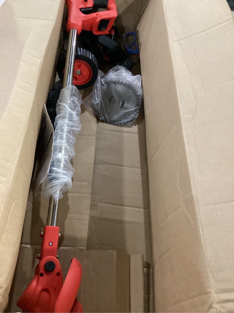 Condition photo showing As Is for 20000 rpm electric weed wacker with wheel,12? brushless cordless weed eater battery powered, 4-in-1 brush cutter/string trimmer/grass edger tool/lawn mower, stringless weed trimmer,5 blade,2 battery black red