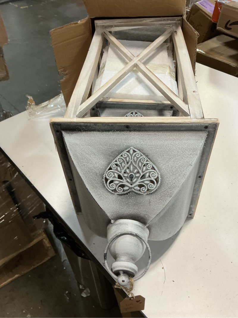 Condition photo showing Good Condition for set of 2 large farmhouse wooden metal lanterns, rustic decorative floor candle lanterns, whitewash distressed hanging lanterns for home decor (no glass) heart - whitewash