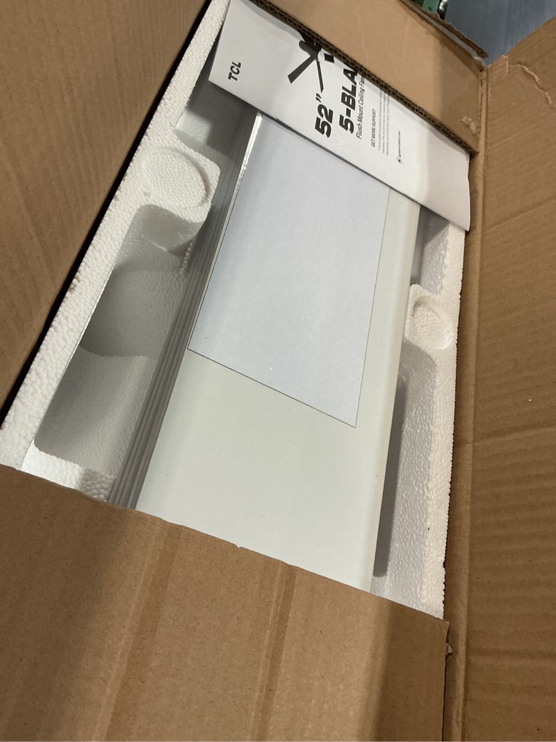 Condition photo showing As Is for TCL 52" Modern Ceiling Fan with Lights, 5 Blades, 6 Speeds DC Reversible, Dimmable, White Flush Mount for Bedroom, Living Room and Garage