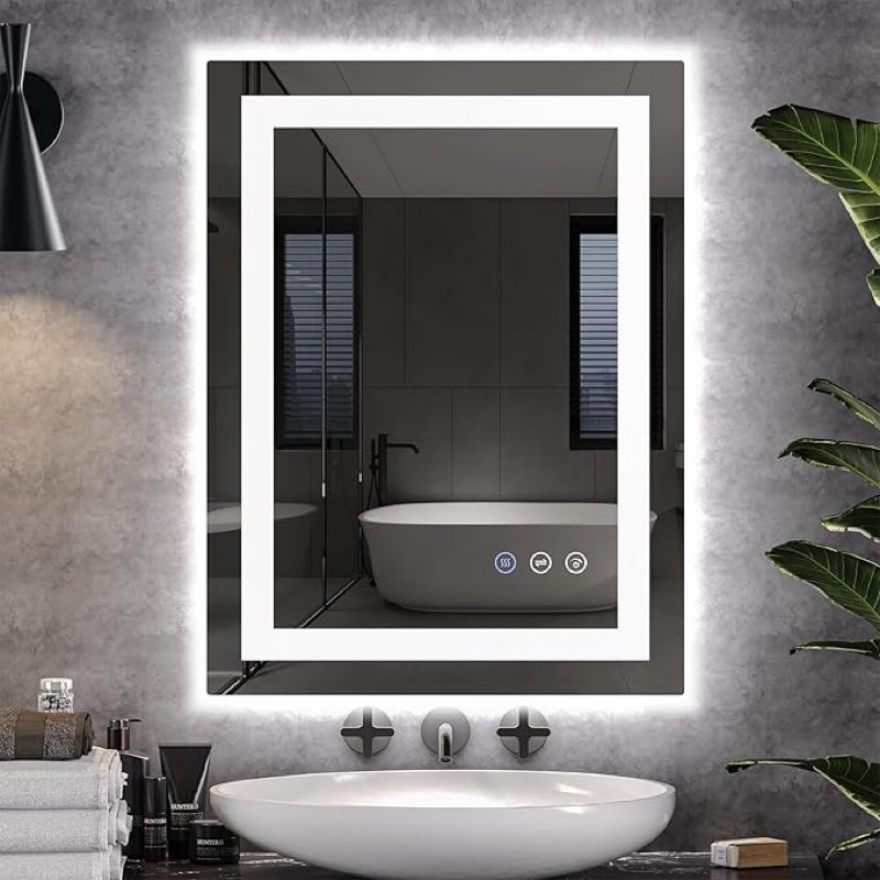 24x32 inch led bathroom mirror, black framed gradient front and backlit led vanity mirror for bathroom, 3 colors dimmable, double wall mirrors with anti-fog, shatter-proof, memory function (24x32)
