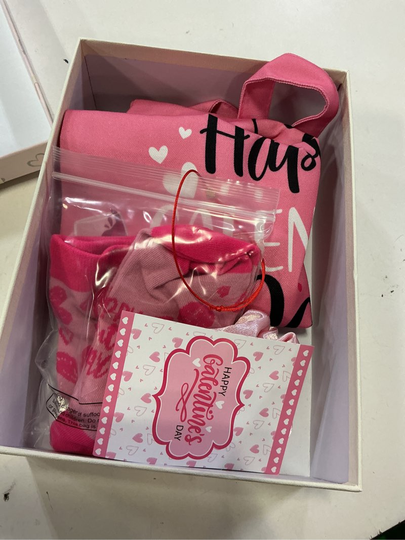 Condition photo showing As Is for  ( incomplete ) Sieral 8 Pcs Happy Galentine's Day Gift Set for Women Include 16 oz Tumbler Canvas Tote Bag Makeup Bag Bracelet Socks Hairband Greeting Card Box for Her Friend Bestie Galentine Party Favors