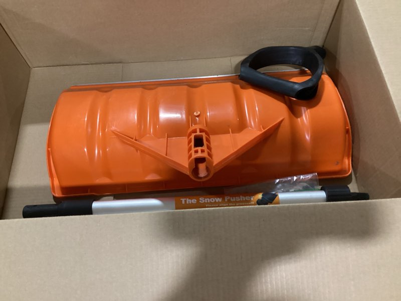 Condition photo showing Good Condition for Snow Pusher, 24-inch Wide Snow Shovel for Driveway, Snow Removal Tool for Car Garage, Sidewalks and Doorways, Snow Pusher Shovel with Ergonomic Grip and Aluminum Strip, Orange