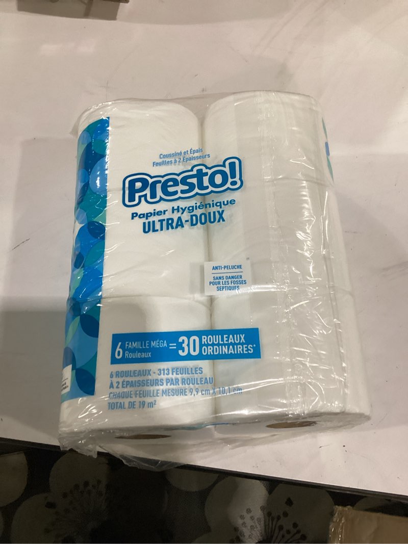 Condition photo showing New/Like New for amazon brand - presto! 2-ply ultra-soft toilet paper, 6 family mega rolls = 30 regular rolls, 1878 count (6 roll of 313 sheets), unscented, white 313 sheet (pack of 6)