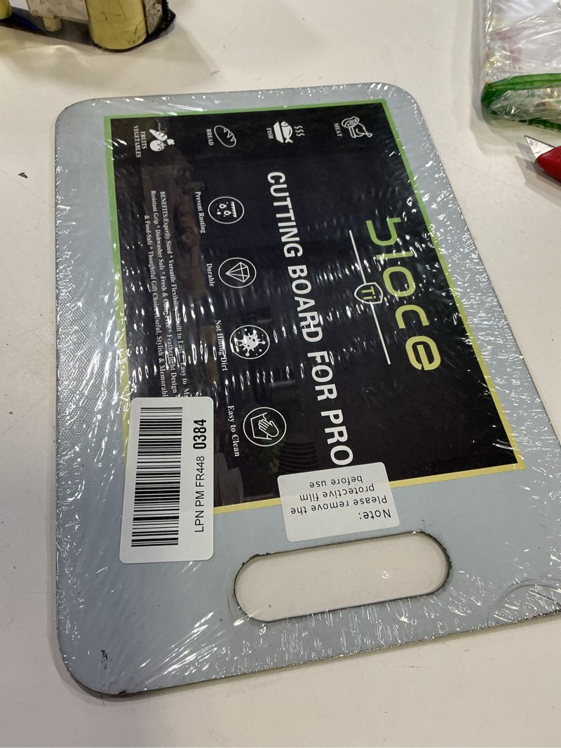 Condition photo showing New/Like New for titanium cutting board, 100% pure titanium cutting boards for kitchen, double sided chopping board with non-slip mat for meat cheese vegetable (13.8"l x 9.5"w)