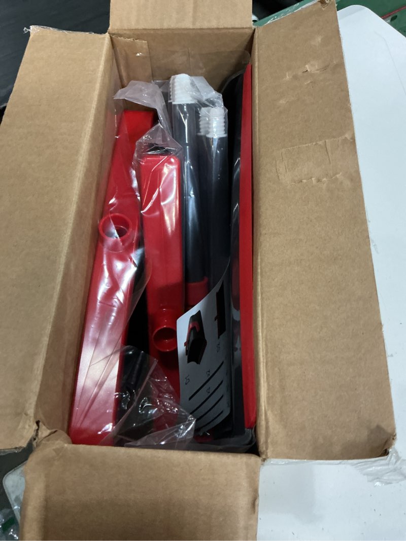 Condition photo showing New/Like New for broom with dustpan set for pet hair & dust cleanup, red & gray | long handle upright standing self-cleaning broom and dustpan set for indoor outdoor use for home, kitchen, office