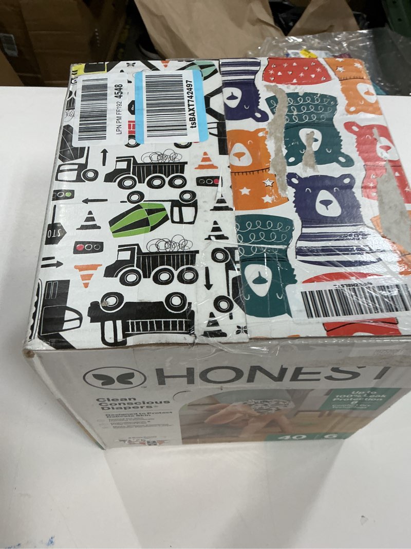 Condition photo showing New/Like New for The Honest Company Comfort Dry Disposable Diapers for Sensitive Skin, Hypoallergenic, Fragrance-Free, Beary Cool + Big Trucks, Club Box, Size 6 (35 lbs), 40 Count Size 6 (40 Count) Beary Cool + Big Trucks