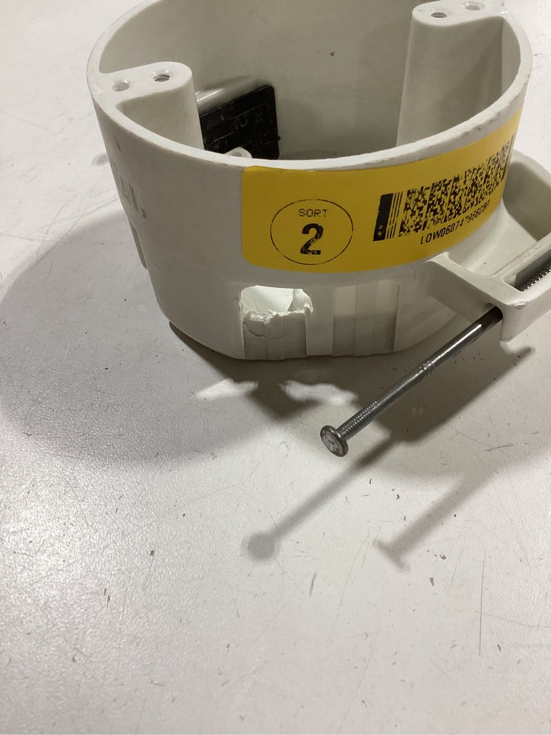 Condition photo showing As Is for 4 in. dia 22-1/2 cu. in. new work nail on round outlet box