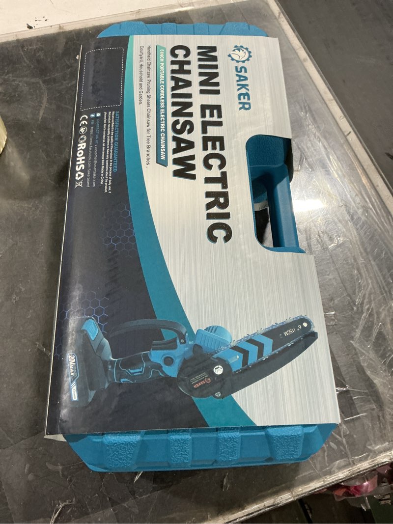 Condition photo showing New/Like New for saker mini chainsaw,6 inch portable electric chainsaw cordless, small handheld chain saw for tree branches,courtyard, household and garden,gifts for men dad husband women 6 inch blue