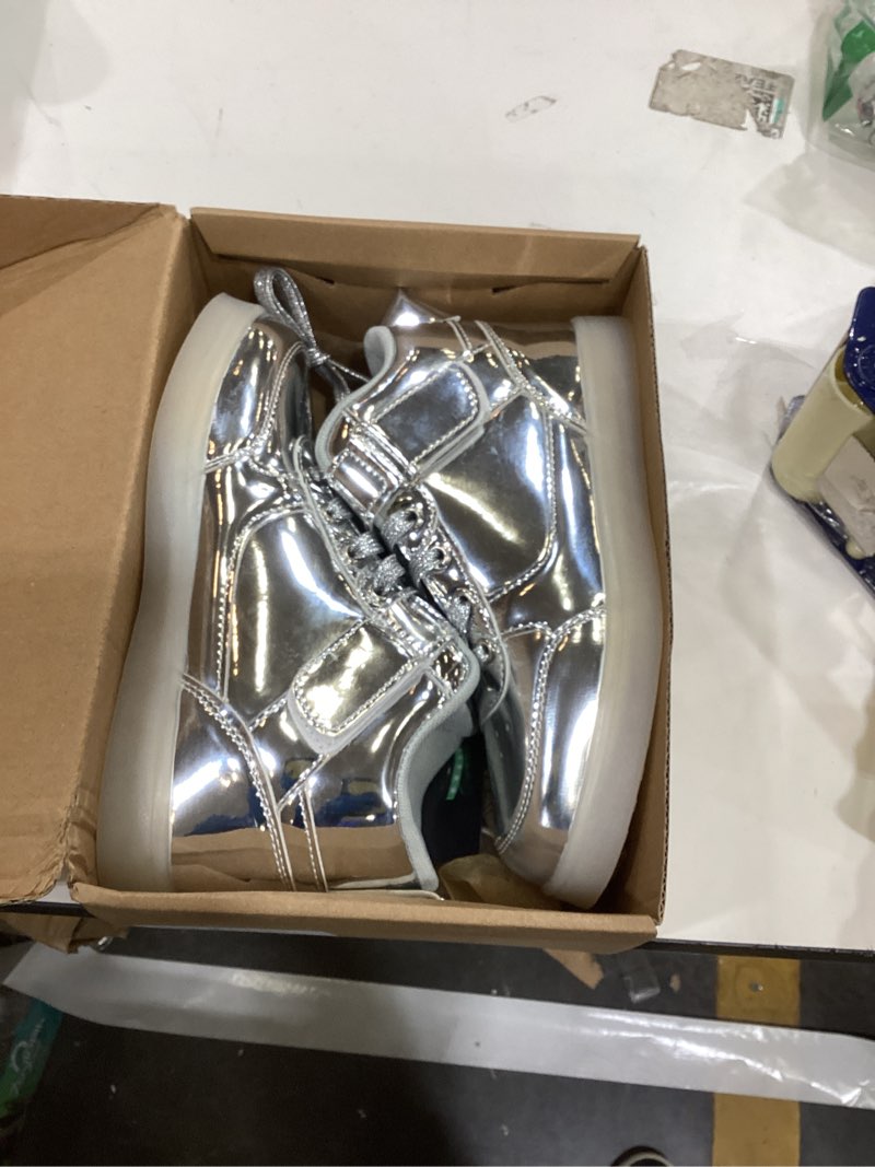 Condition photo showing New/Like New for SANYES USB Charging Light Up Shoes Sports LED Shoes Dancing Sneakers 6.5 Women/5 Men Silver High Top