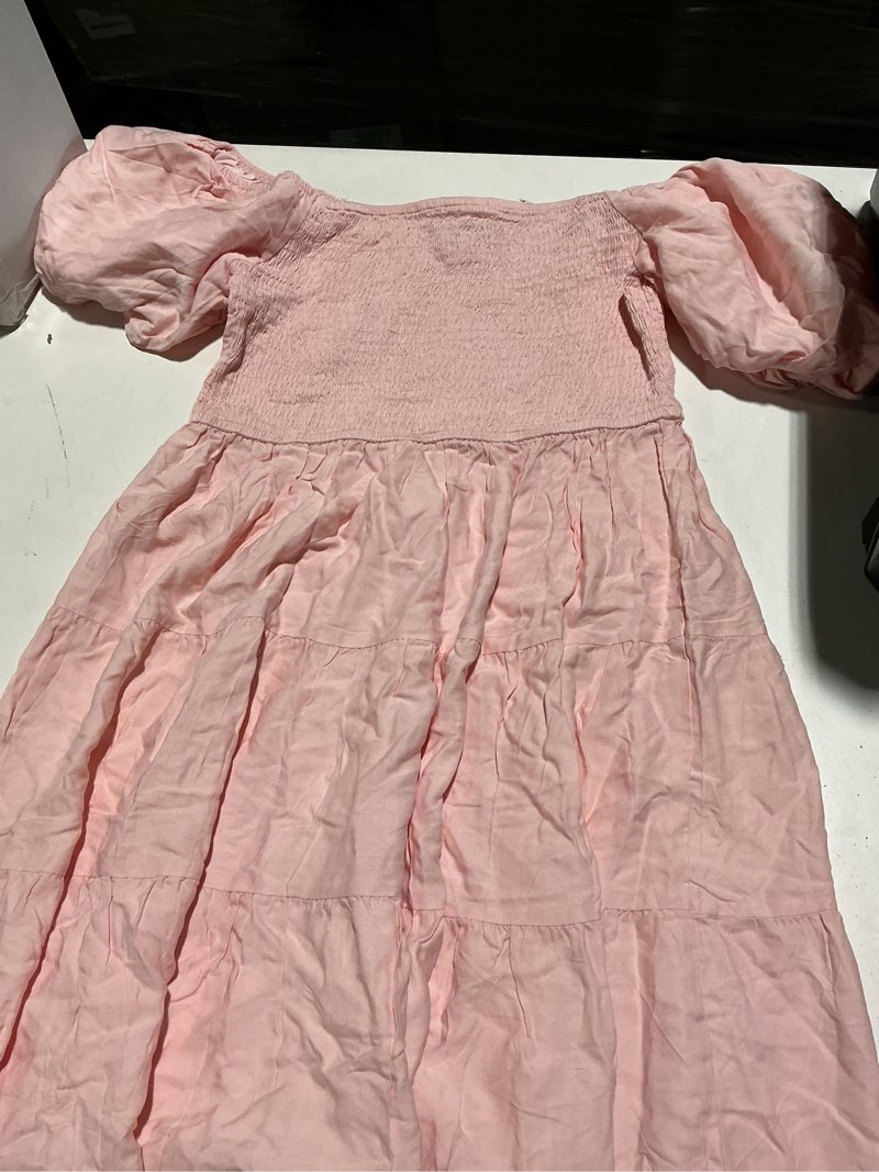 Condition photo showing Good Condition for zesica women's 2026 summer square neck short puff sleeve solid color high waist casual smocked flowy a line tiered midi dress pink medium