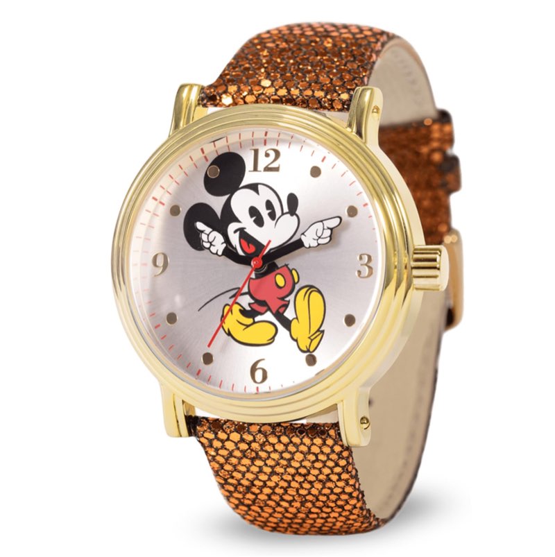 disney mickey watch - watch for women, mickey mouse watches for women - toys - 90s mouse - vintage, 's articulating hands - gold case - brown sequin leather strap