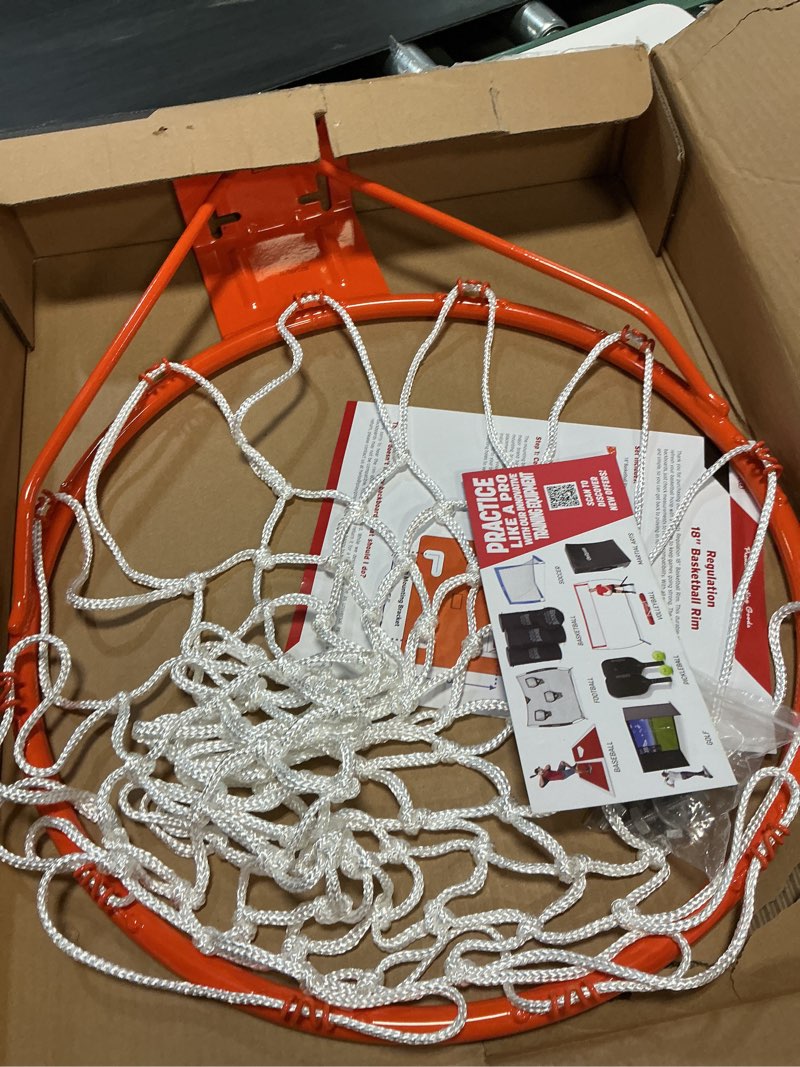Condition photo showing New/Like New for gosports regulation 18" steel basketball rim - choose from fixed or breakaway - use for replacement or garage mount