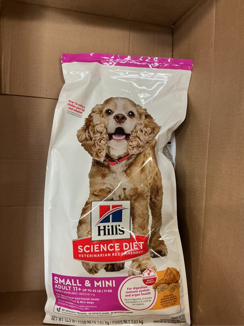 Condition photo showing New/Like New for hill's science diet senior 11+ small & mini dry dog food, chicken, brown rice, & barley, 15.5 lb. bag chicken, brown rice & barley 15.5 pound (pack of 1)