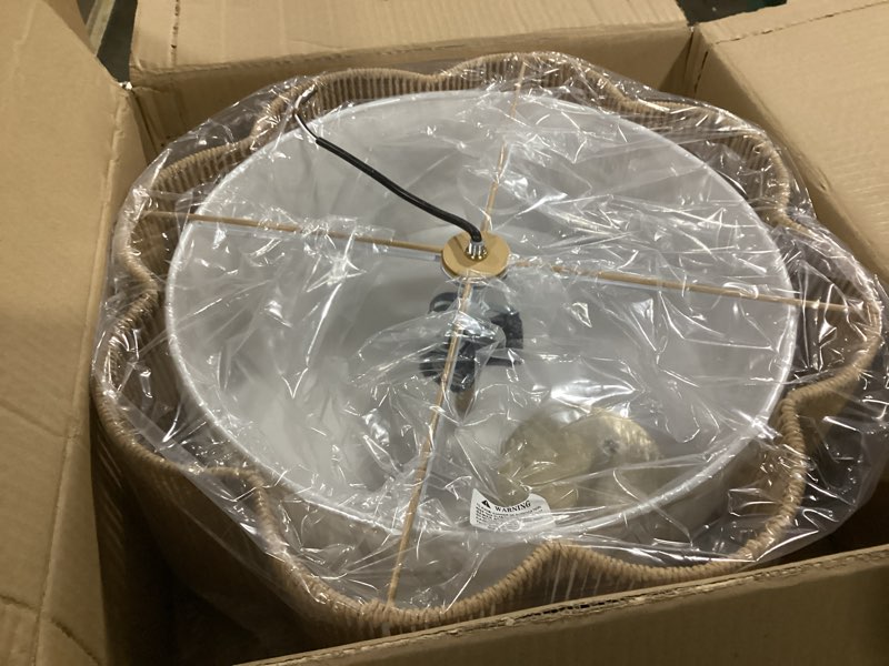 Condition photo showing Good Condition for 17.7" Rattan Flush Mount Ceiling Light, 3-Light Boho Close to Ceiling Light Fixtures, Rattan Bedroom Ceiling Light, Farmhouse Large Drum Chandelier for Dining Room, Kitchen, Hallway(Yellow) Yellow 17.7"