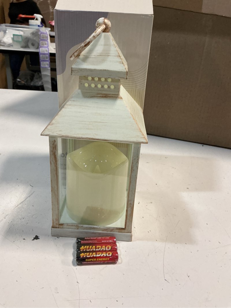 Condition photo showing New/Like New for sumind 8 pack 9" decorative candle lantern with flameless candle wood grain lantern hanging vintage rustic farmhouse decor wedding decoration table centerpiece for indoor outdoor party(white)