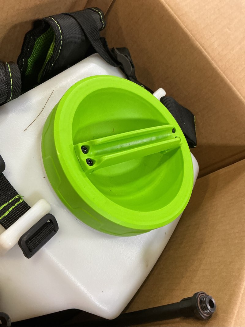 Condition photo showing As Is for greenworks 40v cordless backpack sprayer (4 gallon / 5 tips / 25 ft spray) for weeding, spraying, and cleaning, 2.0ah battery and charger included 40v sprayer w/ battery&charger