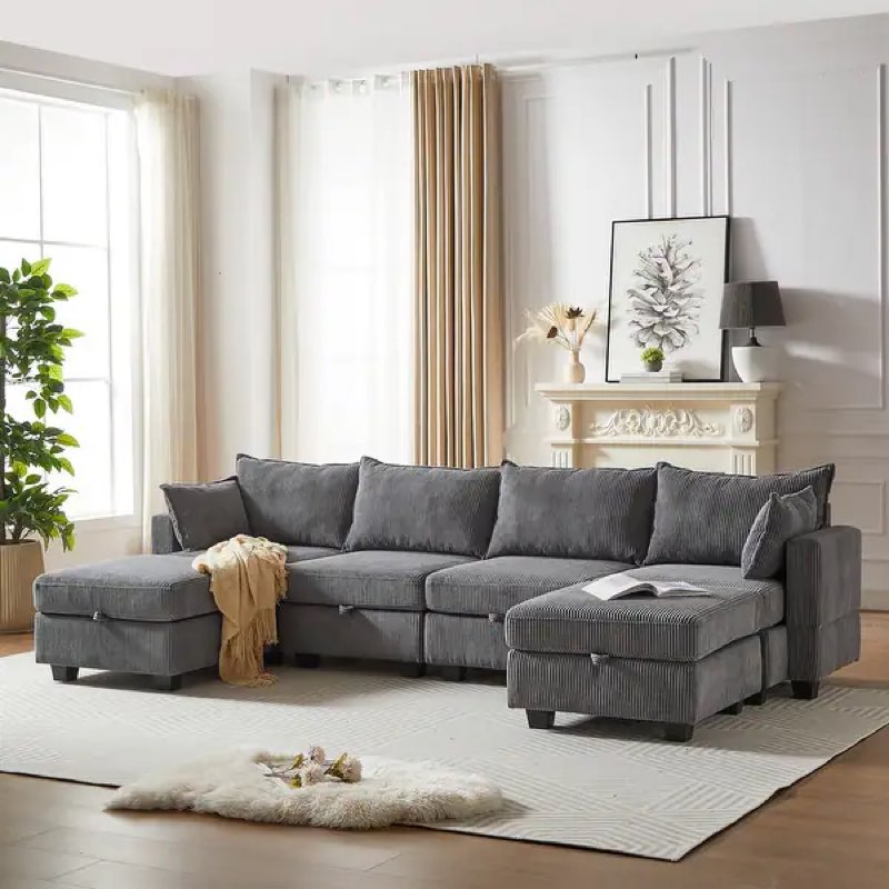 6 PCS Modular Sectional Sofa Couch Set,6 Seat Convertible Corduroy Sofa Bed with Storage Seats & 2 Storage Ottomans,DARK GREY (Incomplete 1 Box Only)