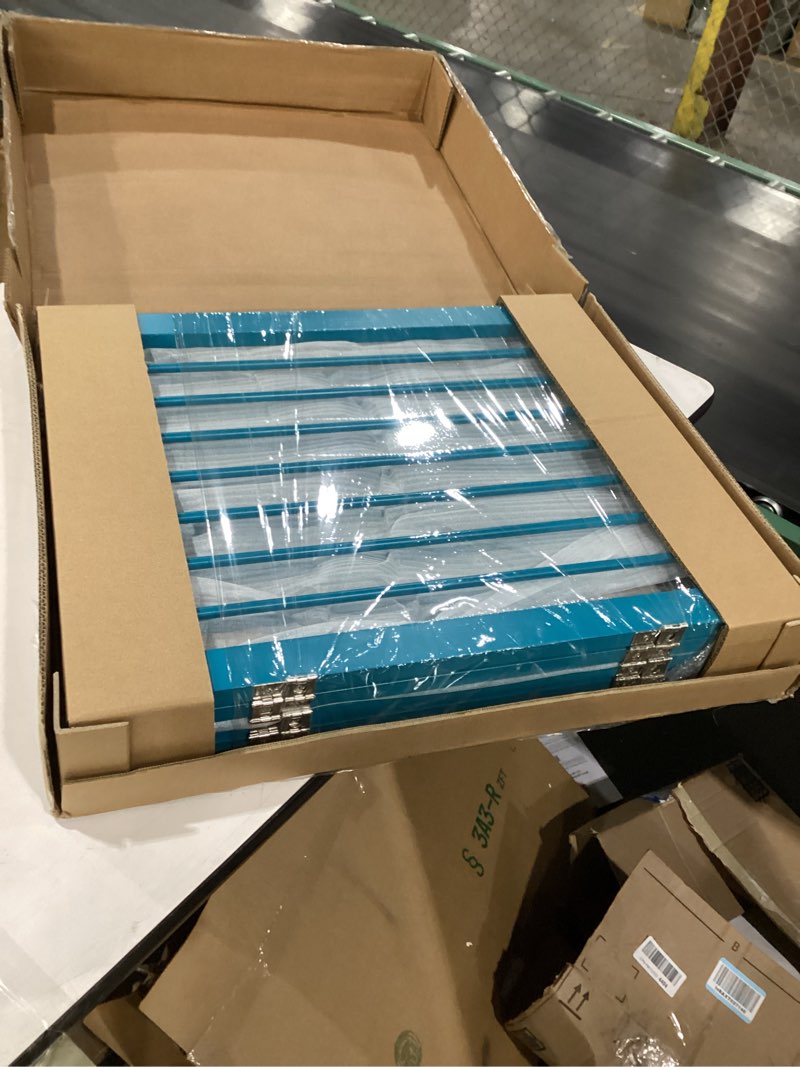 Condition photo showing New/Like New for freestanding dog gate with door, pet gate for stairs, 80 inch wide pet barrier indoor, dog fences indoor, support feet included, 4 panels, 24" tall, blue 4 panel 24" blue