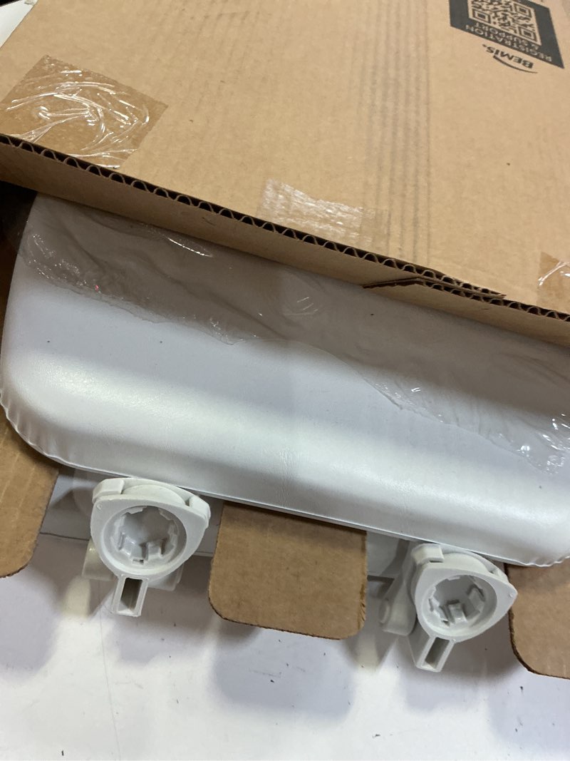 Condition photo showing Good Condition for mayfair padded toilet seat, cushioned soft vinyl over wood core seat, secure hinges, easy clean, elongated, white elongated white toilet seat