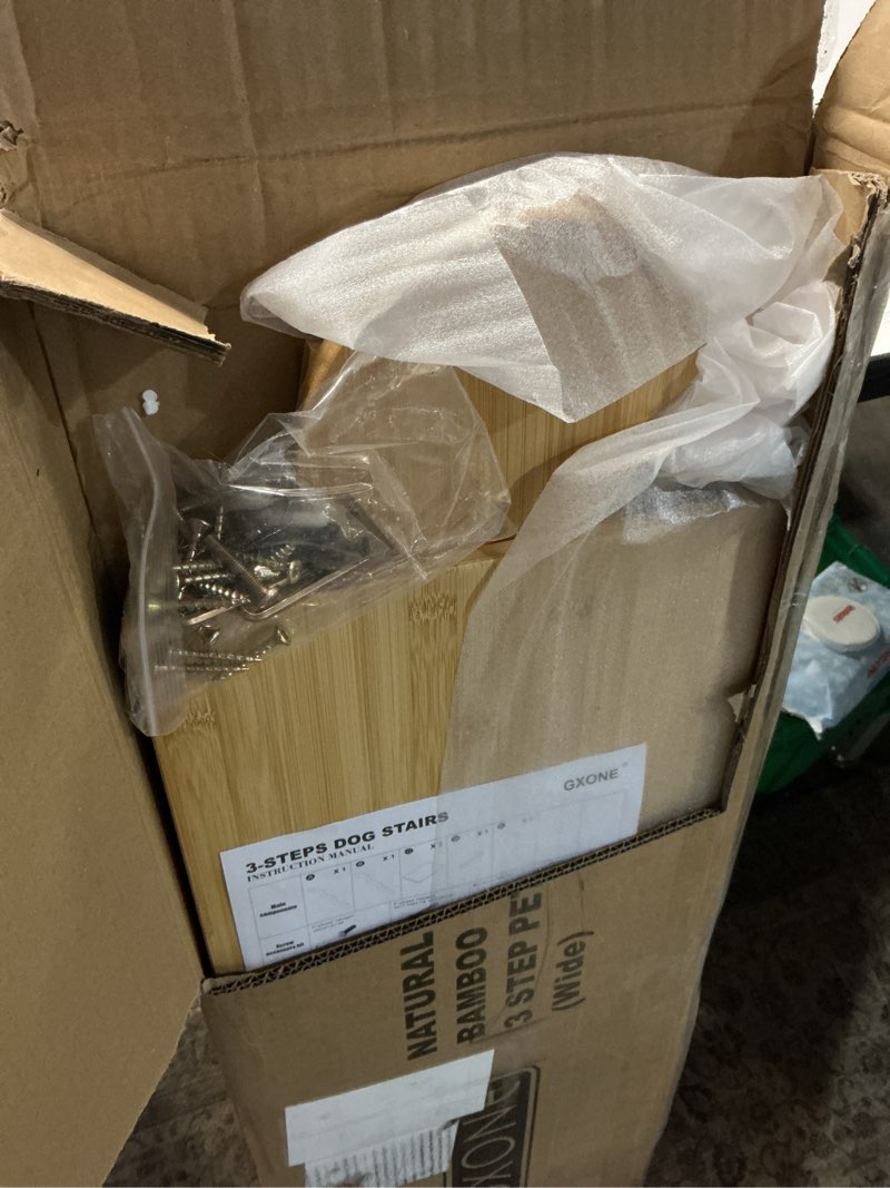 Condition photo showing Good Condition for Dog Steps for Bed,Extra Wide Dog Stairs for Large Dogs,3-Step Bamboo Pet Ramp Assist Large Senior/Older Dogs or Pet(Up to 160 Pounds) Get to Couch Or High Bed (H:24 inch) WIDE 3-STEP-24 Inch High