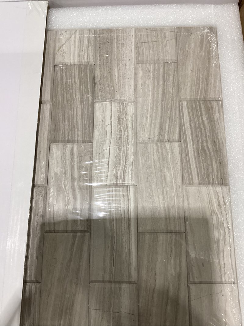 Condition photo showing New/Like New for 5-Sheet Subway Peel and Stick Backsplash Marble Tile, 11.8" x 11.8" Grey Wood Natural Stone Self Adhesive Mosaic Tiles, Stick on Backsplash for Kitchen Bathroom Fireplace Grey Wood 11.8*11.8*0.2inch(5 sheets)