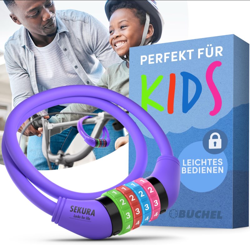 büchel bike locks cable for kids - colorful & keyless - secure your child's bike - easy-to-use bicycle accessory, high security 5 digit resettable combination coiling bicycle lock, anti theft