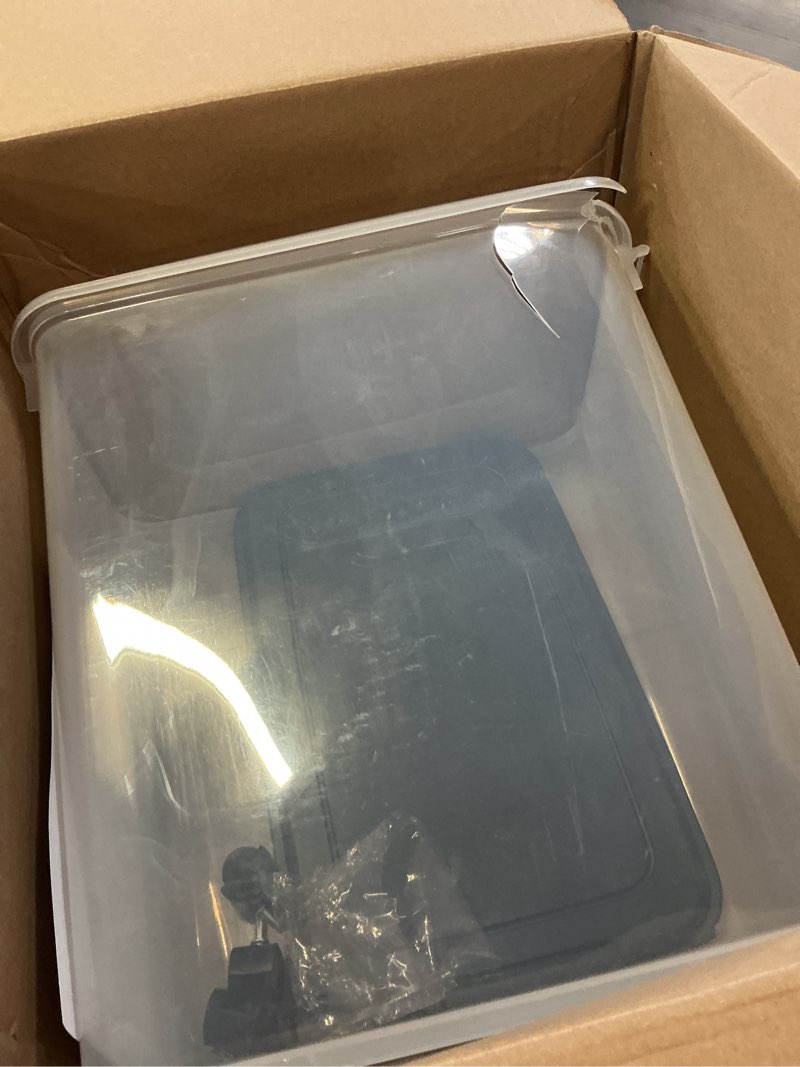 Condition photo showing As Is for iris usa airtight dog food storage container, up to 40 lbs, attachable wheels, for dog cat bird and other pet food storage bin, keep fresh, translucent body, easy mobility, navy 40 lbs navy