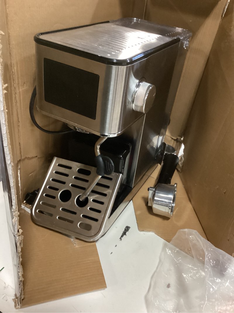 Condition photo showing As Is for Espresso Machine with Milk Frother, 20 Bar Compact Coffee Machine with Touch Screen & 57.5oz Removable Water Tank for Home, Stainless Steel Espresso Maker for Cappuccino, Latte, Silver