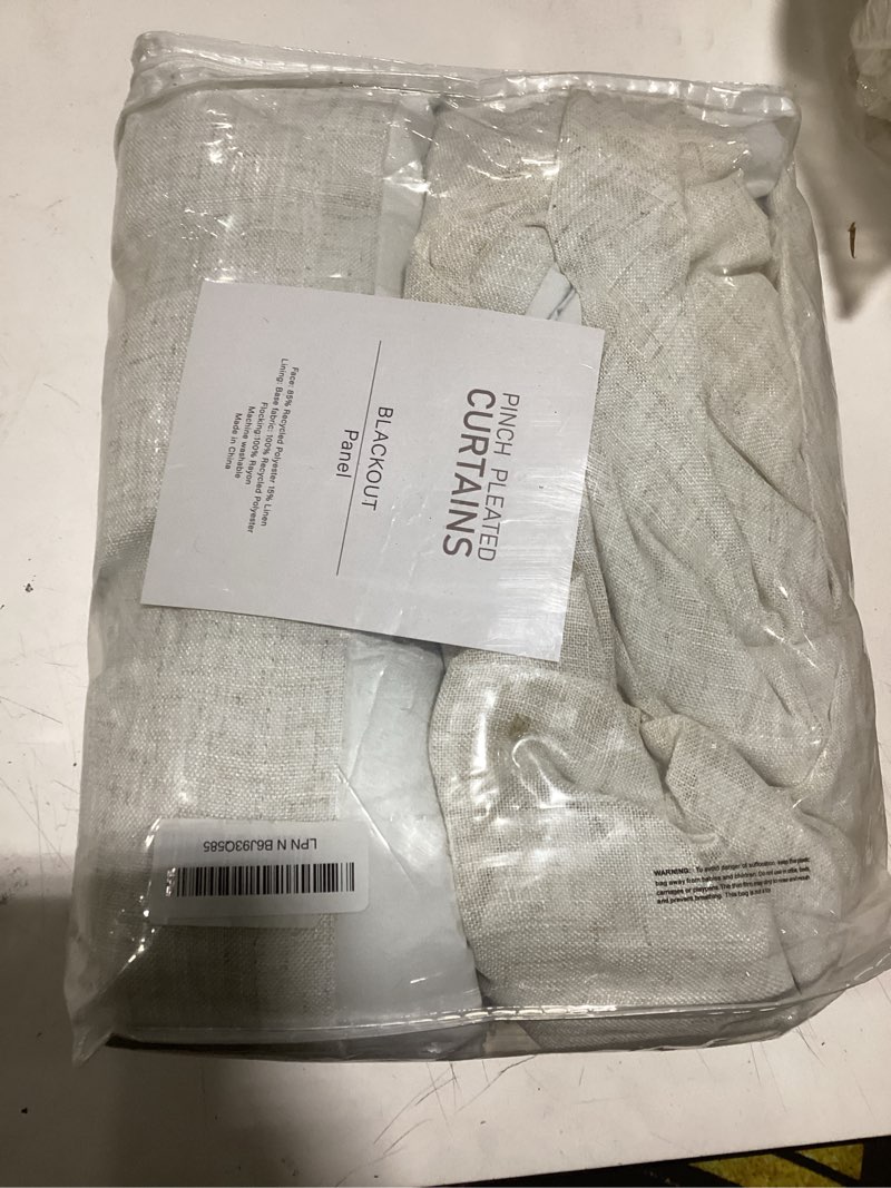 Condition photo showing Good Condition for Natural Linen Blend Pinch Pleated 100% Blackout Curtains for Bedroom - 2 Pages Black Out Curtains 120 Inch Long 2 Panel for Living Room Darkening Thermal Window Curtain Drapes with 16pc Hooks, Thick Natural 40"W x 120"L (Pack of 2)