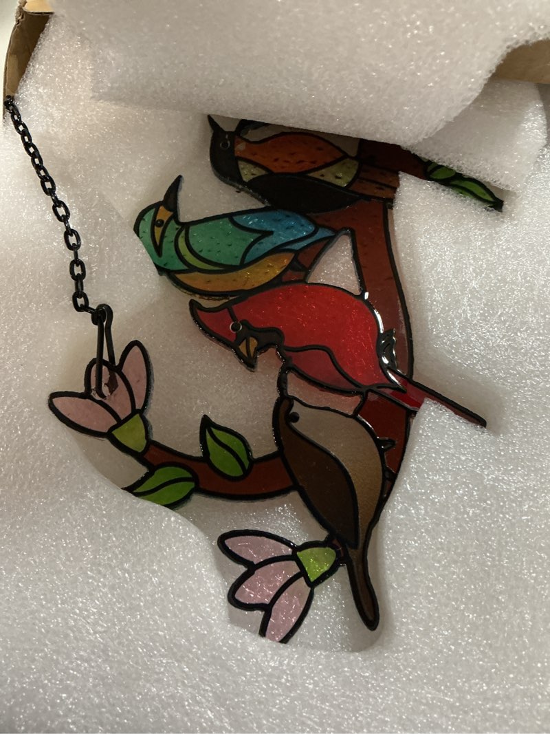 Condition photo showing New/Like New for huray rayho birds on branch stained glass suncatcher cardinal hummingbird kingfisher double side glass panel window hanging decor bird ornament bird lover gift for mom grandma without gift packaging
