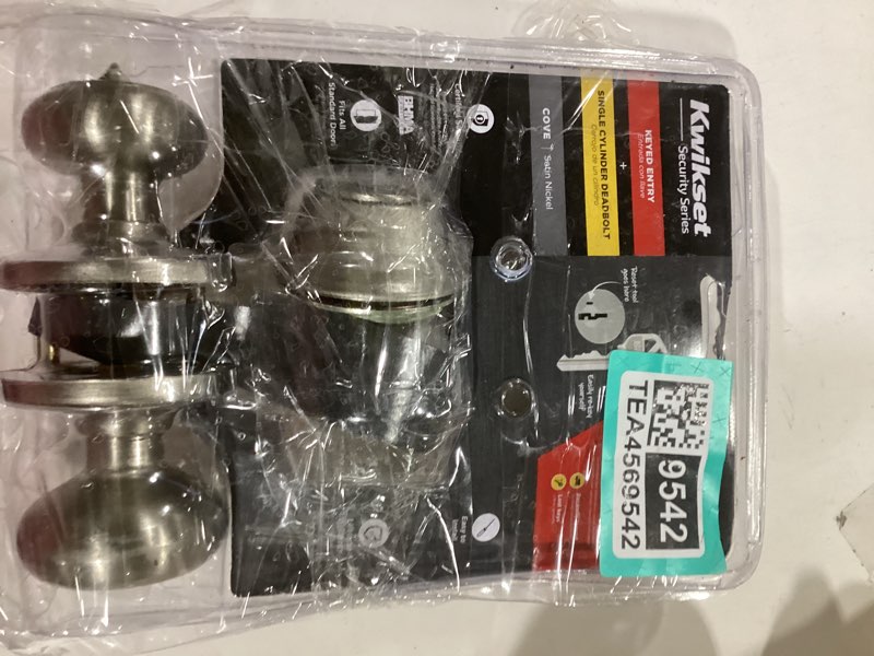 Condition photo showing As Is for **no key**(use for parts)kwikset 690cv 15 smt cp k6 v1 cove entry lockset combo pack  satin nickel  keyed alike - quantity 1