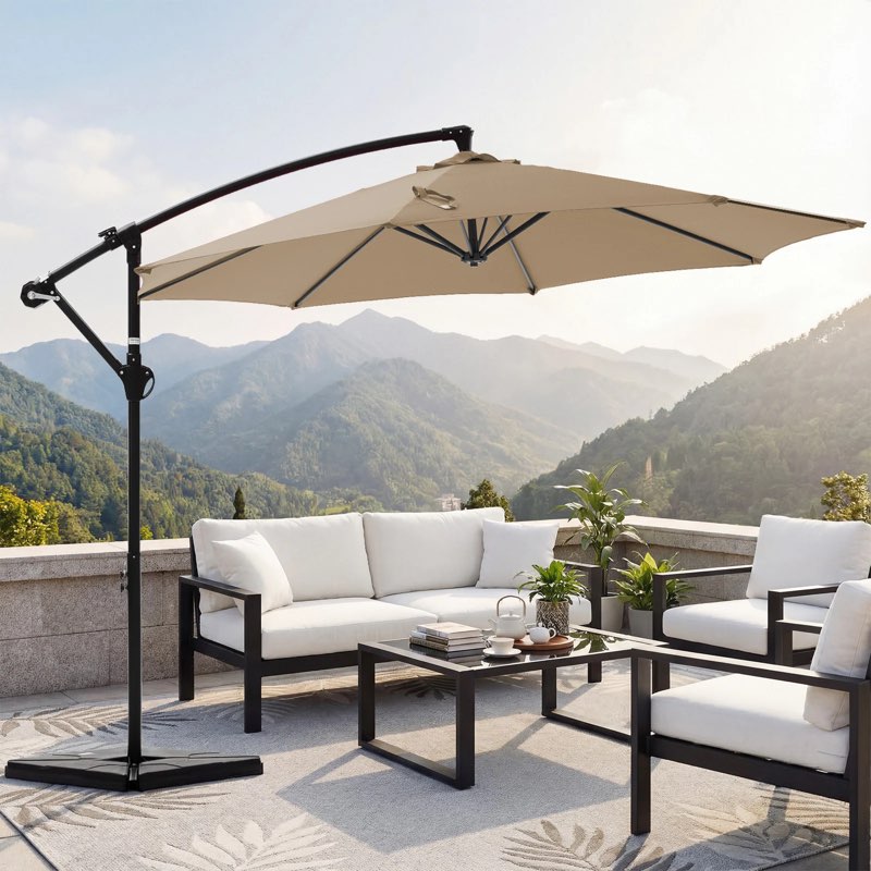 sweetcrispy 10-ft iron tan slide-tilt cantilever patio umbrella with base