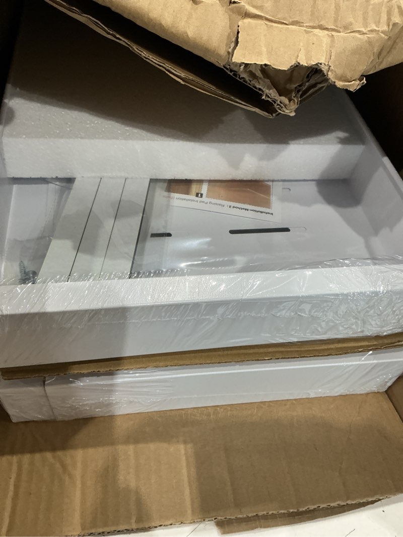 Condition photo showing As Is for seinloes 4 pack expandable pull out cabinet organizer 21"deep with raising pad for framed cabinets,upgrade 3 slide rails slide out drawers,no drill roll out shelves,adjustable width 12.1"-20.4" white