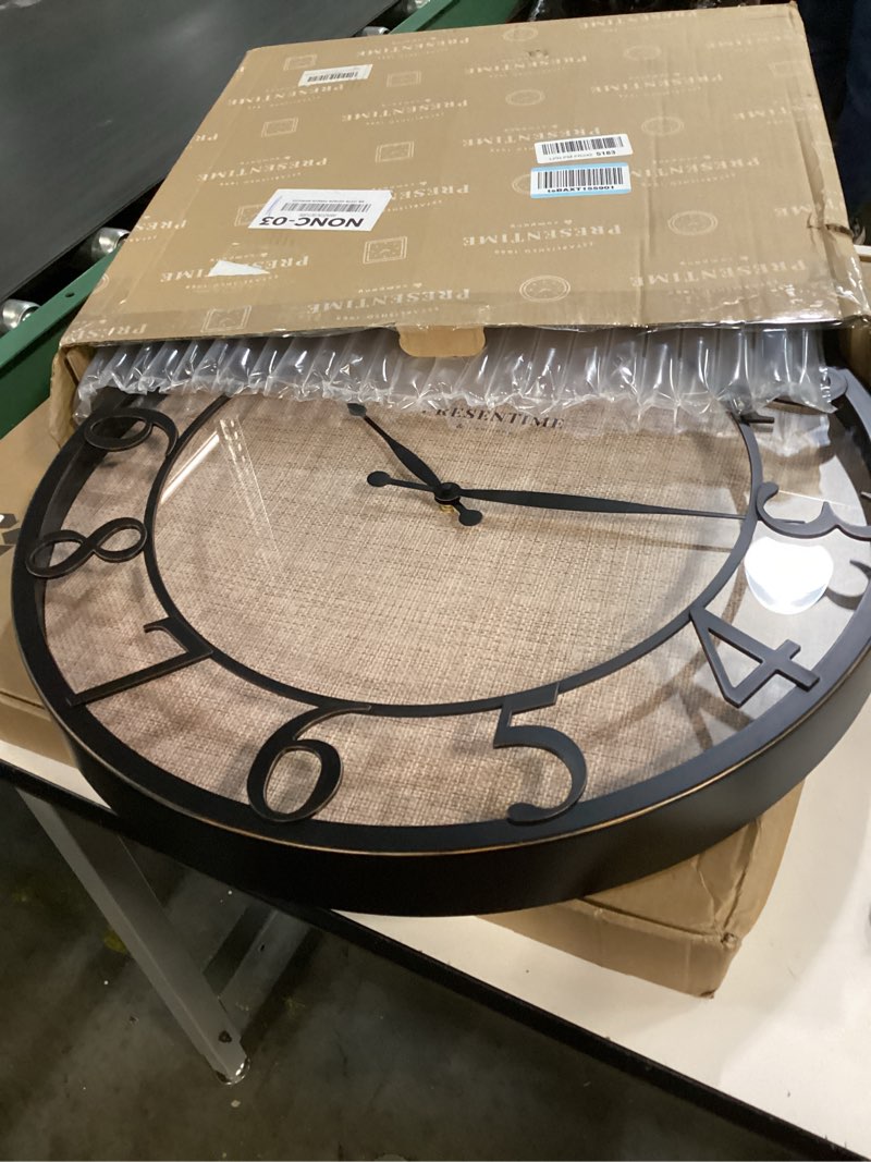 Condition photo showing Good Condition for Presentime & Co 21" Farmhouse Series Wall Clock, Cottage Style, Faux Burlap, Oil Rubbed Antique Bronze Finish. Wall Décor for Living Room, Dining Room, and entryway. Oil Rubbed Antique Bronze 21 inch