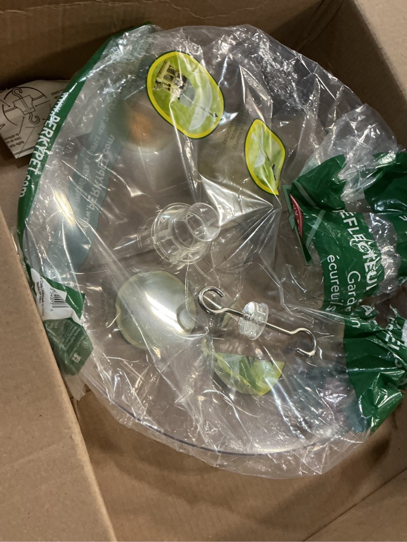 Condition photo showing As Is for perky-pet 16 inch transparent squirrel baffler for bird feeders - keep squirrels away from seed - hang or pole mount - perky pet 340 - see through baffler