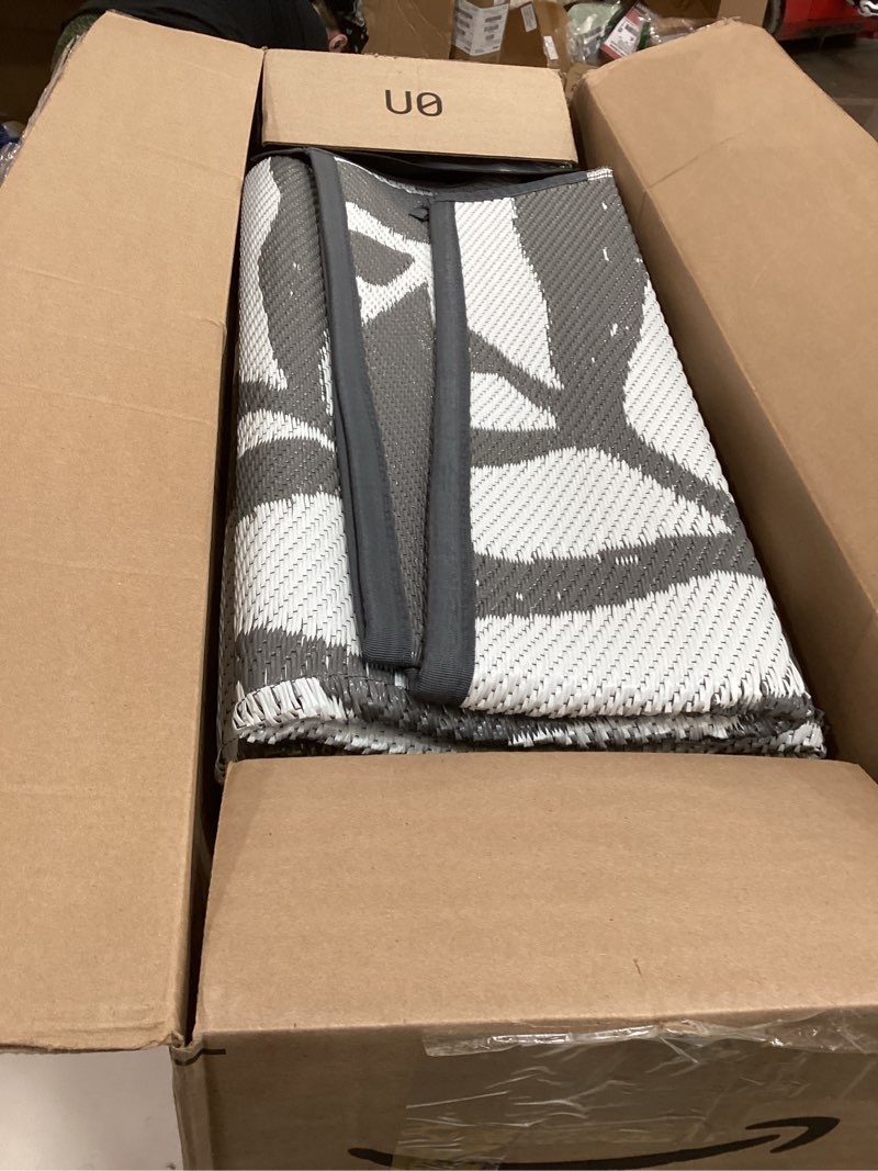 Condition photo showing As Is for smiry outdoor rug 9x12 ft, waterproof reversible plastic straw rugs, outdoor area rug with leaf pattern, outside floor mat for patio, backyard, deck, picnic, beach, camping, grey & white grey & white 9' x 12' (rectangular)
