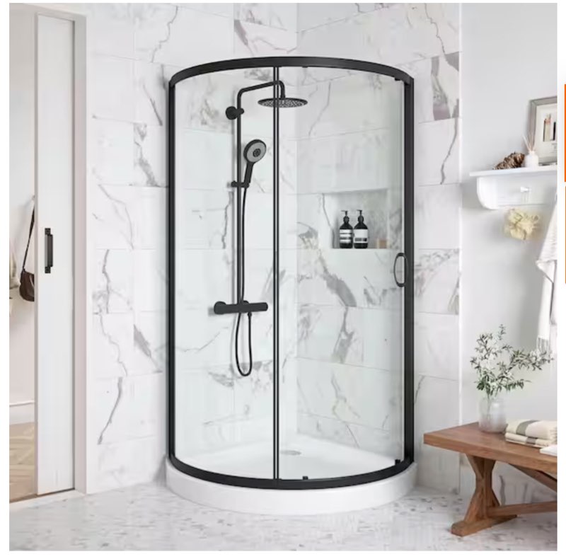 VE Decors Breeze 36 in. L x 36 in. W x 76.97 in. H Corner Shower Kit with Clear Framed Sliding Door in Black and Shower Pan
