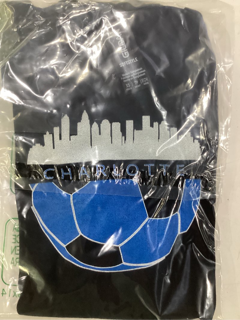 Condition photo showing New/Like New for clt airport code 704 charlotte nc skyline art footballer fan t-shirt