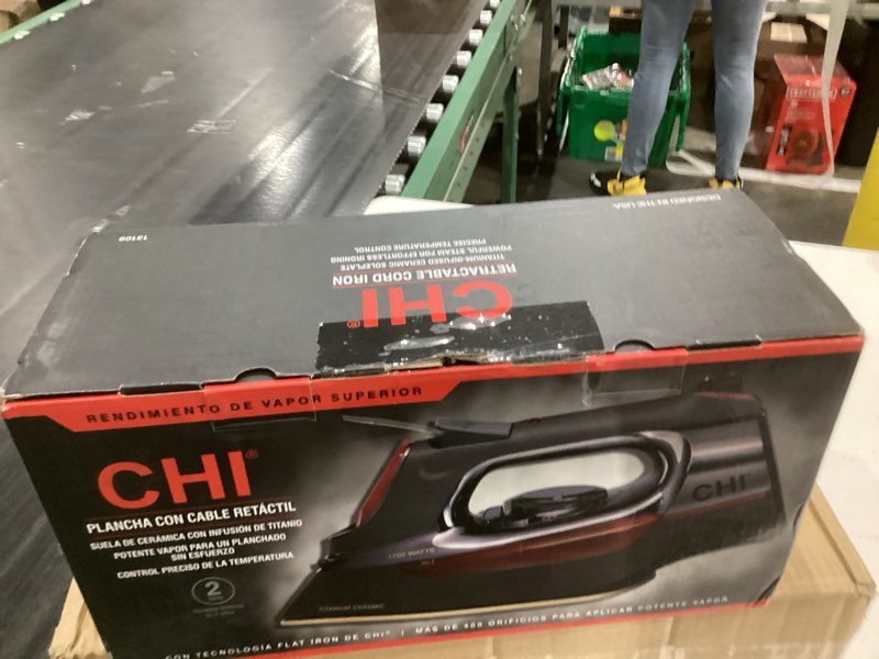Condition photo showing Good Condition for CHI Steam Iron for Clothes with 8’ Retractable Cord, 1700 Watts, 3-Way Auto Shutoff, 400+ Holes, Professional Grade, Temperature Control Dial, Titanium Infused Ceramic Soleplate, Black/Chrome (13109) 1700 Watts Titanium-Infused Ceramic Plate, Black/Chrome
