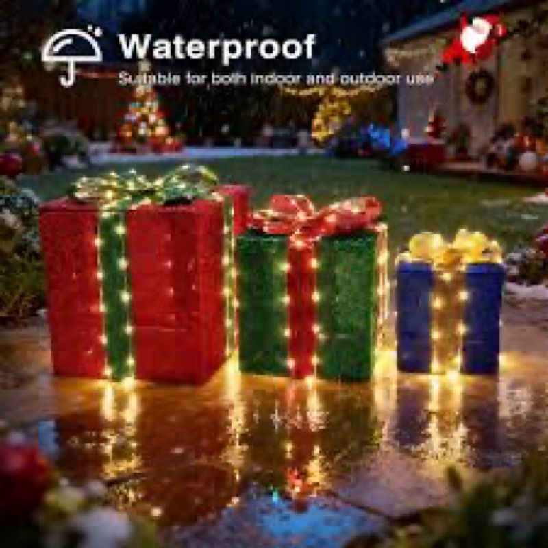 Lomotech Christmas Decorations Outdoor - Set of 3 Larger Lighted Gift Boxes with Timer, Foldable Pre