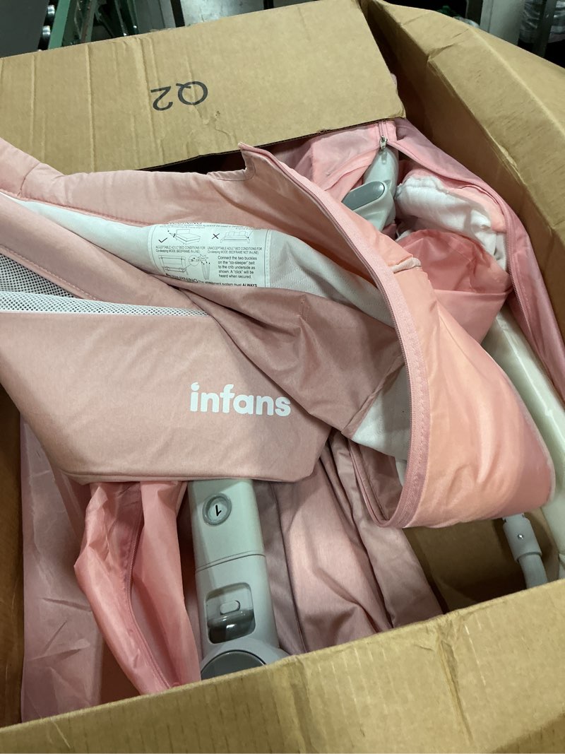 Condition photo showing As Is for infans 3 in 1 baby bassinet, bedside sleeper with comfy mattress, wheels, 6 height adjustable, storage basket, travel bag, portable all mesh crib for newborn infant (pink)