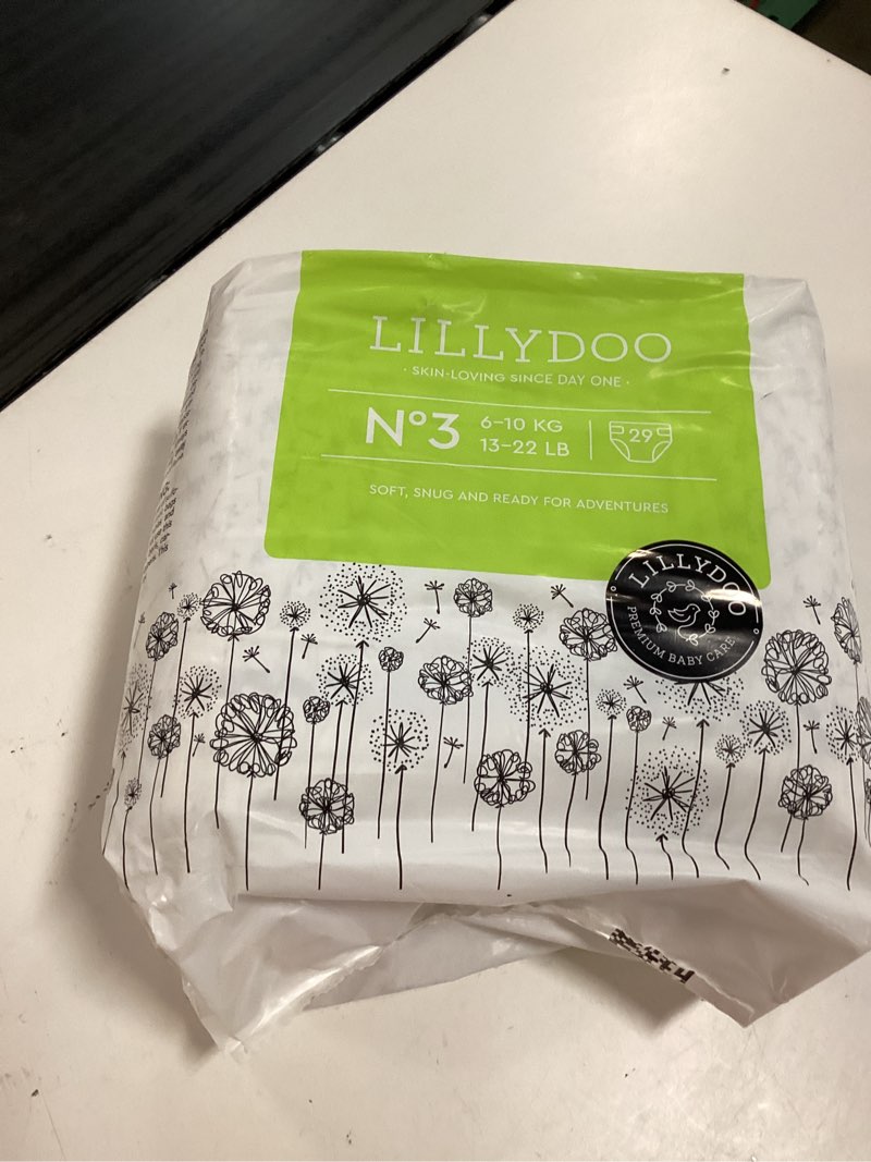 Condition photo showing New/Like New for lillydoo baby diapers, size 3 (13+ lbs), 29 count, hypoallergenic & tcf | non-toxic, sensitive skin, fragrance-free, soft & gentle, absorbent leak protection, wetness indicator, dermatologist tested 29 count (pack of 1) 87.0