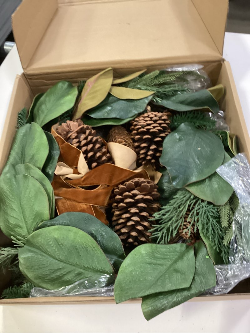 Condition photo showing Good Condition for 24" Artificial Christmas Wreath for Front Door, Holiday Winter Wreath with Magnolia Leaves, Pinecones and Bow Ribbon, Perfect for Indoor Outdoor Farmhouse Xmas Home Decor