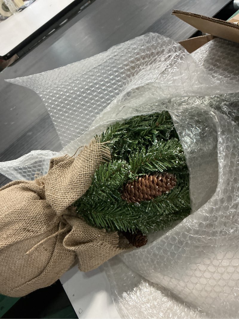 Condition photo showing Good Condition for National Tree Company 2 ft Pre-Lit Flocked Mini Artificial Christmas Tree, 50 Clear LED Lights, 75 Tips, Pinecones, Burlap Base, Timer, Green