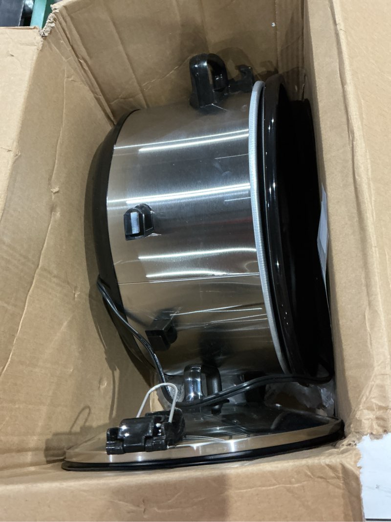 Condition photo showing As Is for crock-pot 7-quart slow cooker, portable programmable with timer, locking lid, stainless steel; an essential kitchen appliance, perfect for families and gatherings