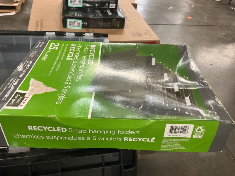 Condition photo showing New/Like New for office depot brand hanging folders, 1/5 cut, letter size, 100% recycled, green, pack of 25