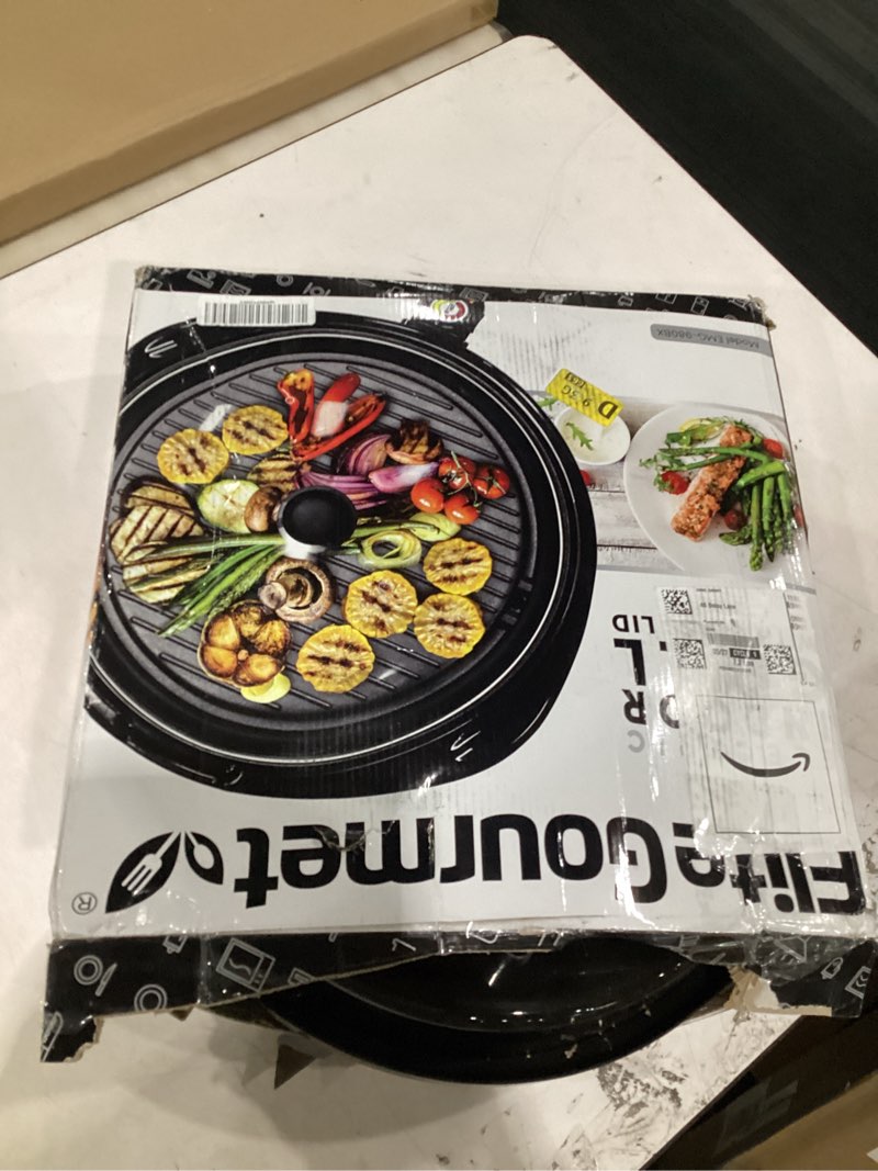 Condition photo showing As Is for elite gourmet emg-980bx large indoor electric round nonstick grill cool touch fast heat up ideal low-fat meals dishwasher safe includes glass lid, 14", black granite