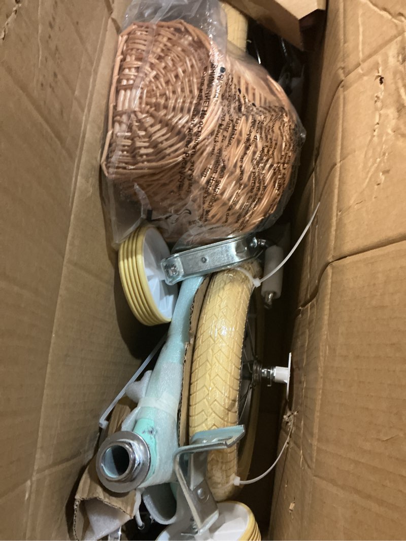 Condition photo showing Good Condition for petimini vintage kids bike for girls, 12–20 inch classic bicycle with wicker basket & bell, high tensile steel frame, training wheels (12–18”), 85% pre-assembled, retro bike for outdoor riding