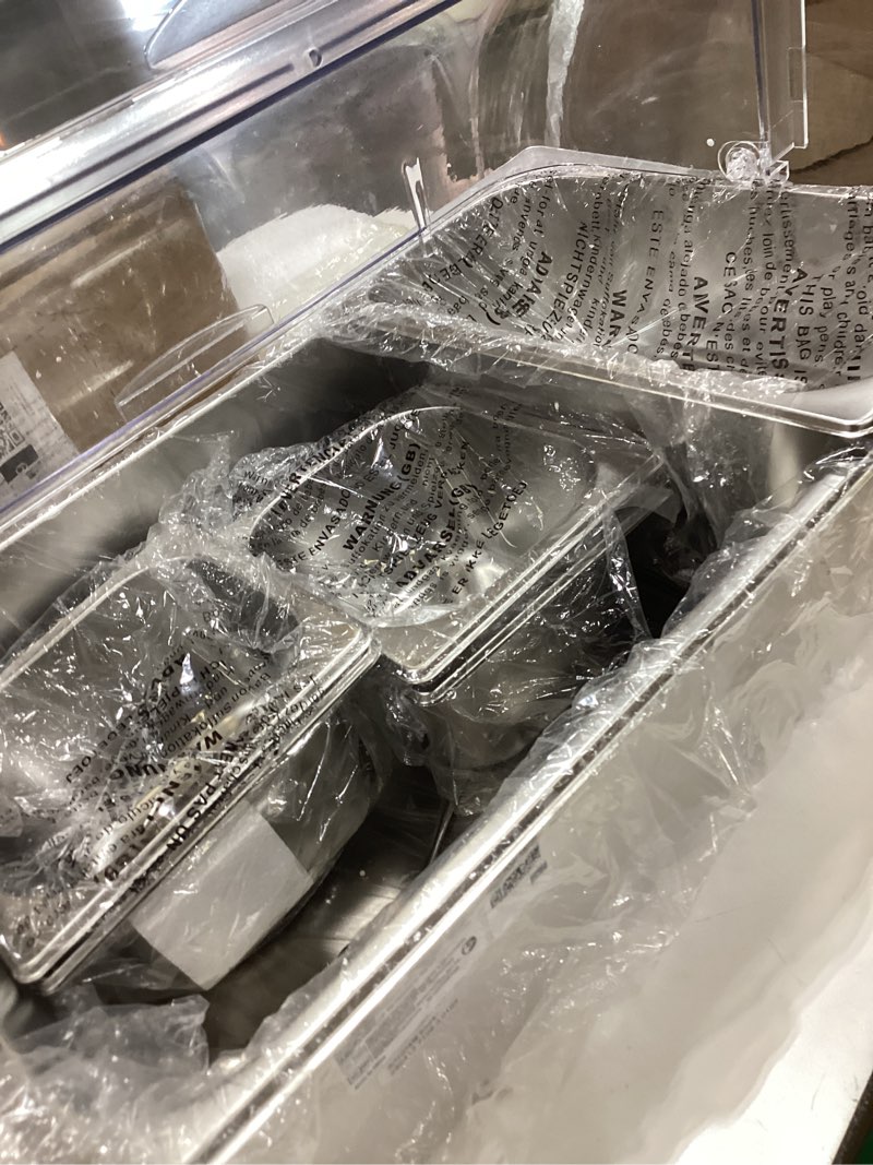 Condition photo showing Good Condition for vevor countertop food serving display container, 5 pan stainless steel food serving tray, buffet condiment dispenser display rack with clear lid & 3 freezer boxes, for restaurant hotel kitchen party