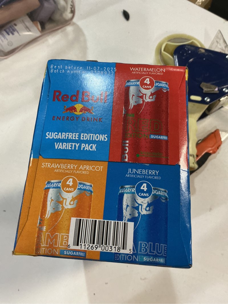 Condition photo showing Good Condition for Red Bull Sugar-Free Energy Drink Variety Pack, Energy Drink, Red, Amber, & Sea Blue with 80mg Caffeine plus Taurine & B Vitamins, 8.4 Fl Oz, Pack of 12 Cans( BB 11/07/2025) 